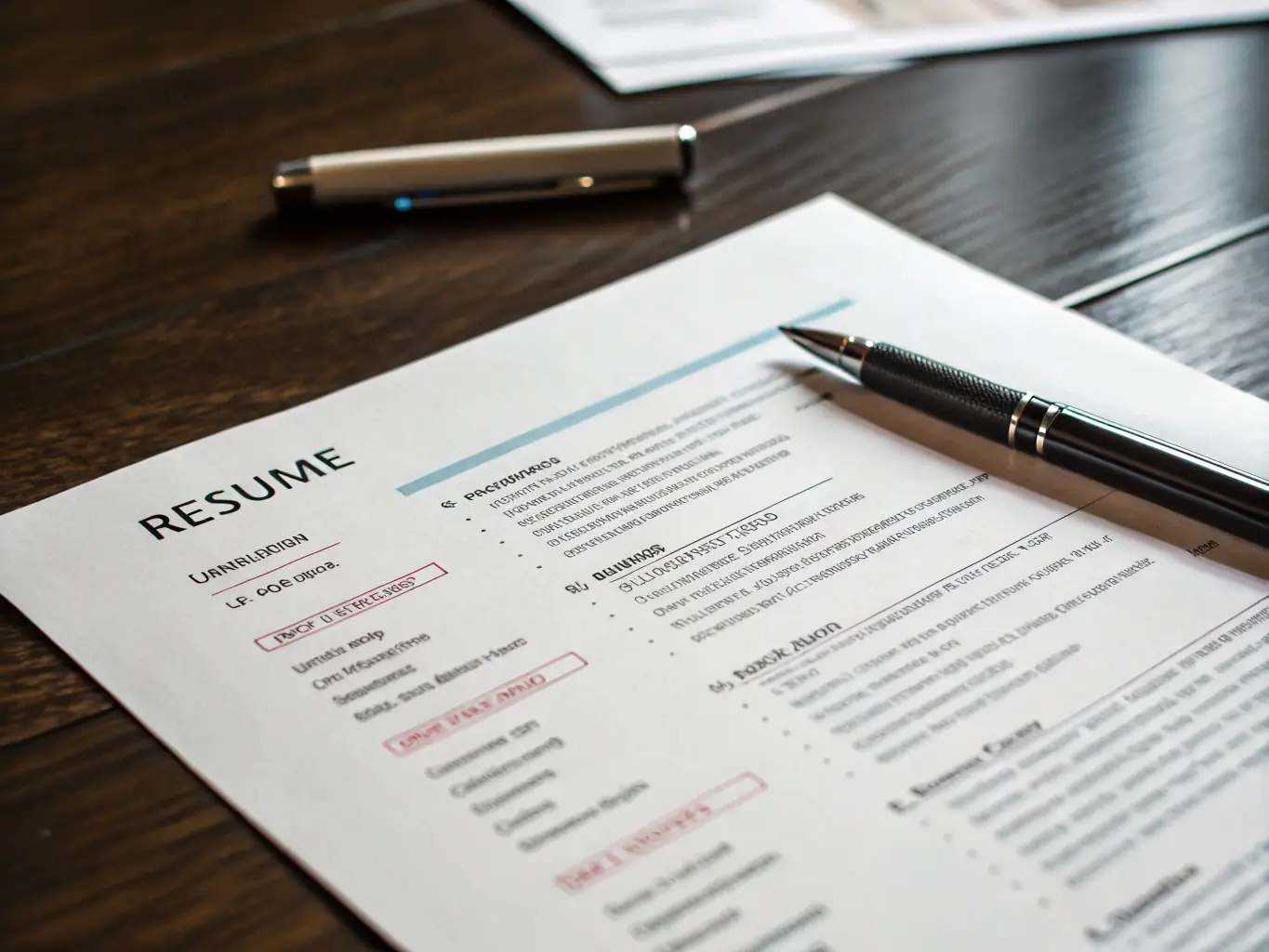 A close-up shot of a professionally formatted resume, highlighting key skills and experience, set against a clean, modern background. The image represents resume building assistance.