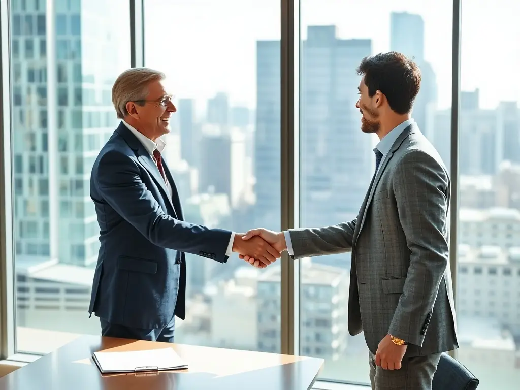 A handshake between a recruiter and a hiring manager, symbolizing a successful partnership and commitment to finding the perfect fit.