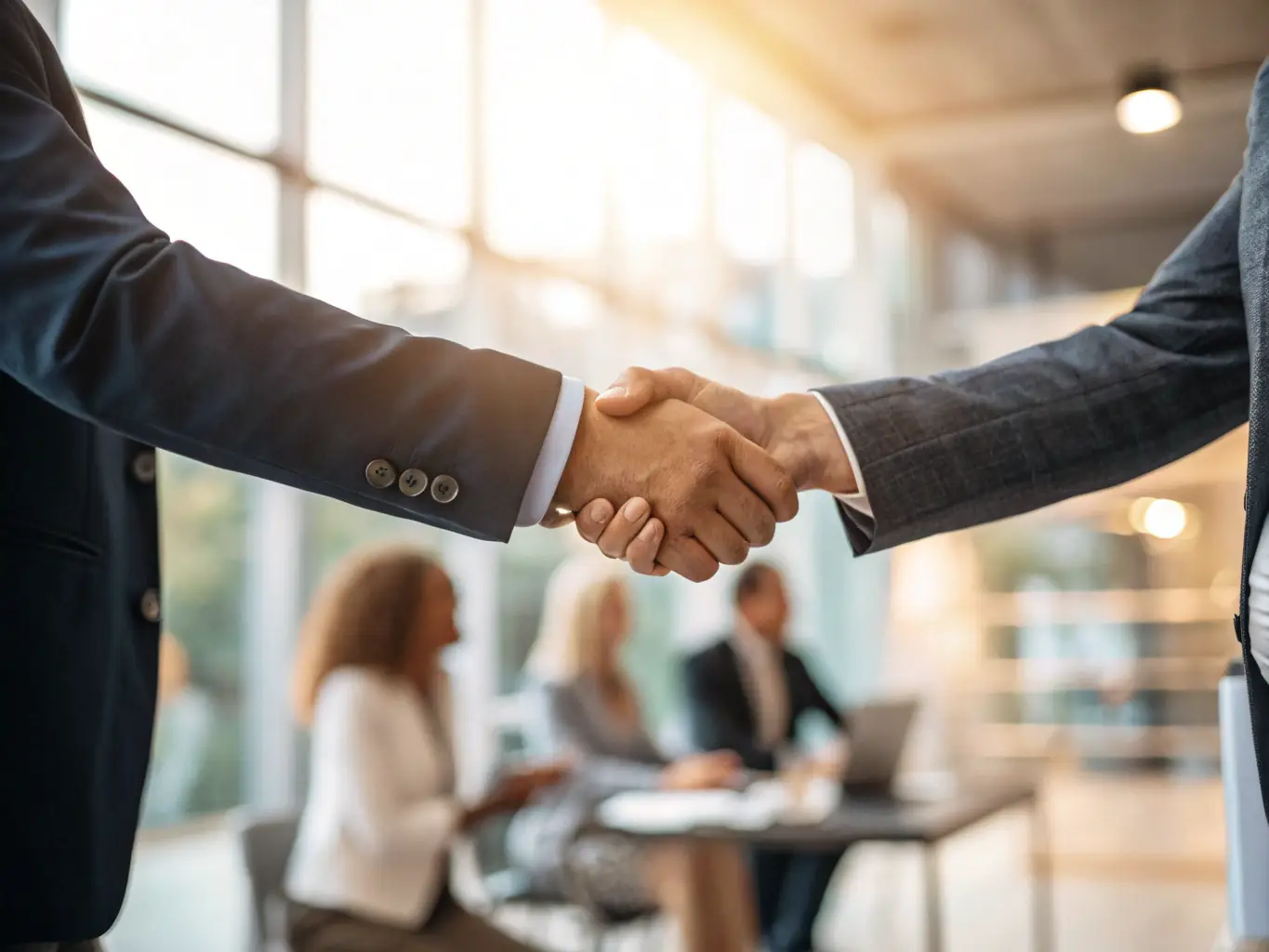 A close-up shot of a handshake between a Granite Peak recruiter and a hiring manager, symbolizing a successful partnership and mutual trust.