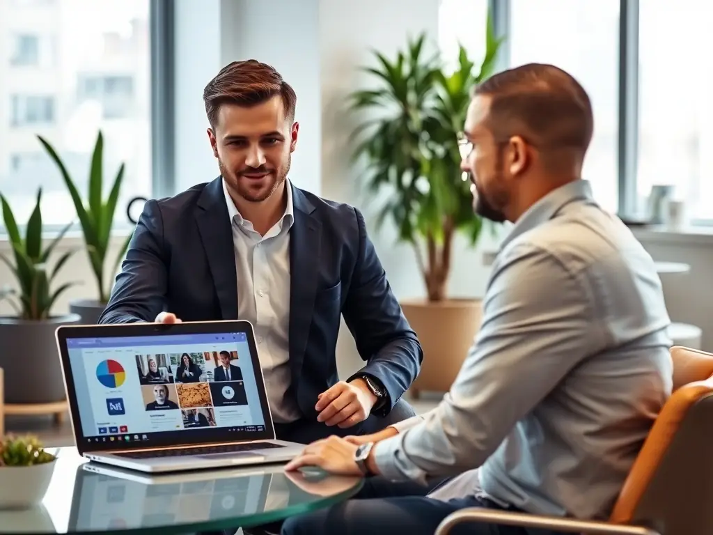 A professional recruiter is interviewing a candidate in a modern office setting, focusing on a friendly and engaging conversation.