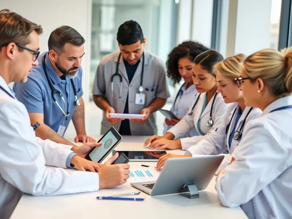 A diverse team of healthcare professionals in scrubs, consulting over medical records, representing the healthcare industry in Texas.