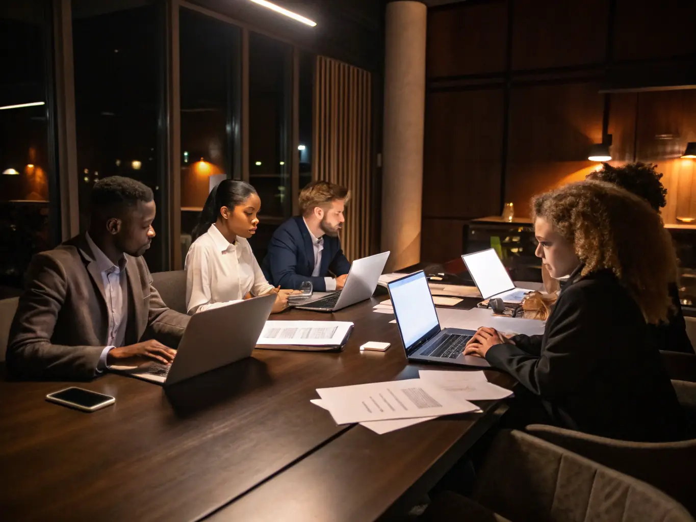 A diverse team of Granite Peak recruiters collaborating around a table, reviewing candidate profiles and discussing placement strategies, set against the backdrop of the Texas state flag.